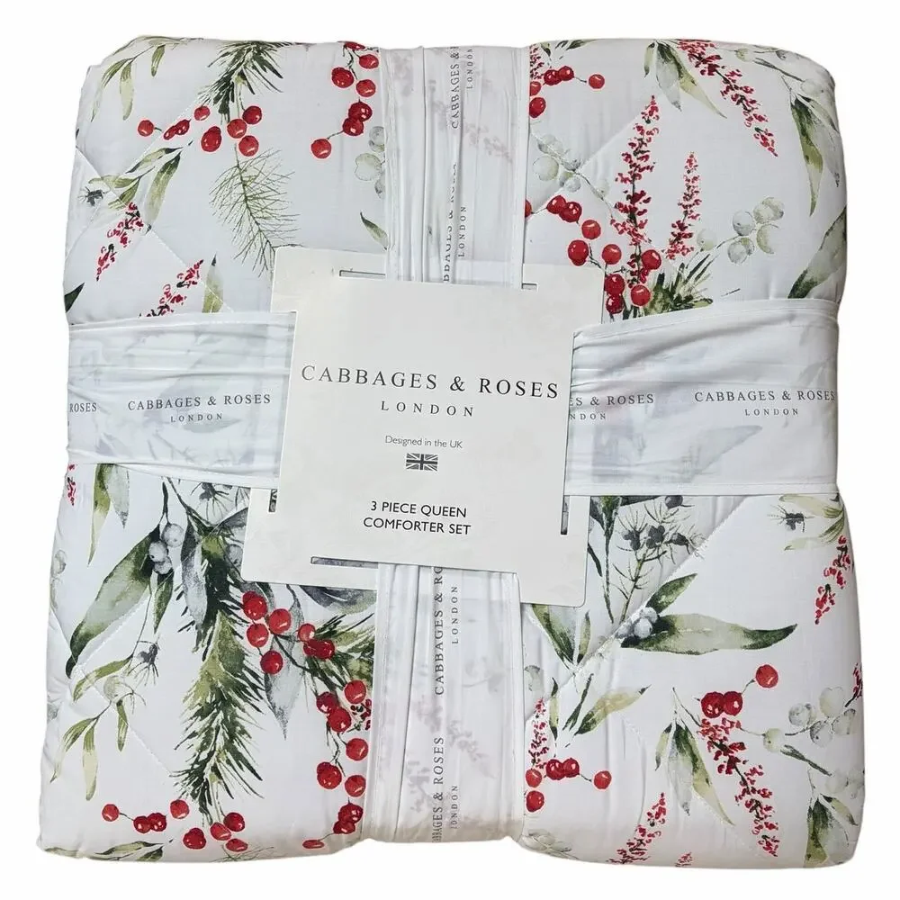 3pc Cabbages & Roses Christmas Foliage Fir Ruby QUEEN Comforter Set NEW